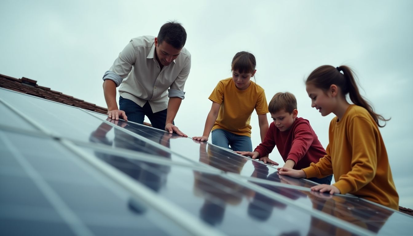 Une famille installe des panneaux solaires sur le toit de leur maison.