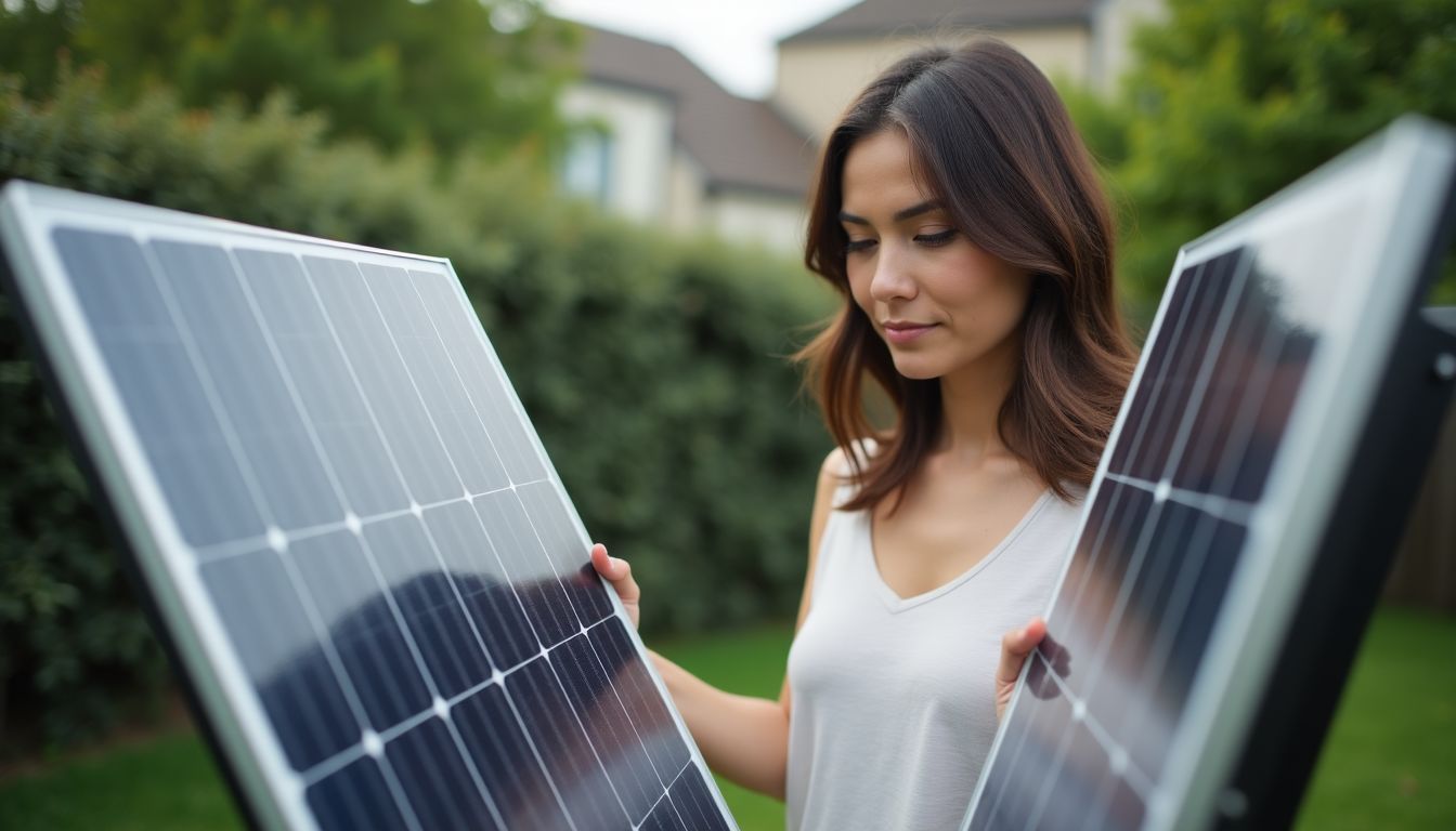 La femme examinant des panneaux solaires dans la cour.