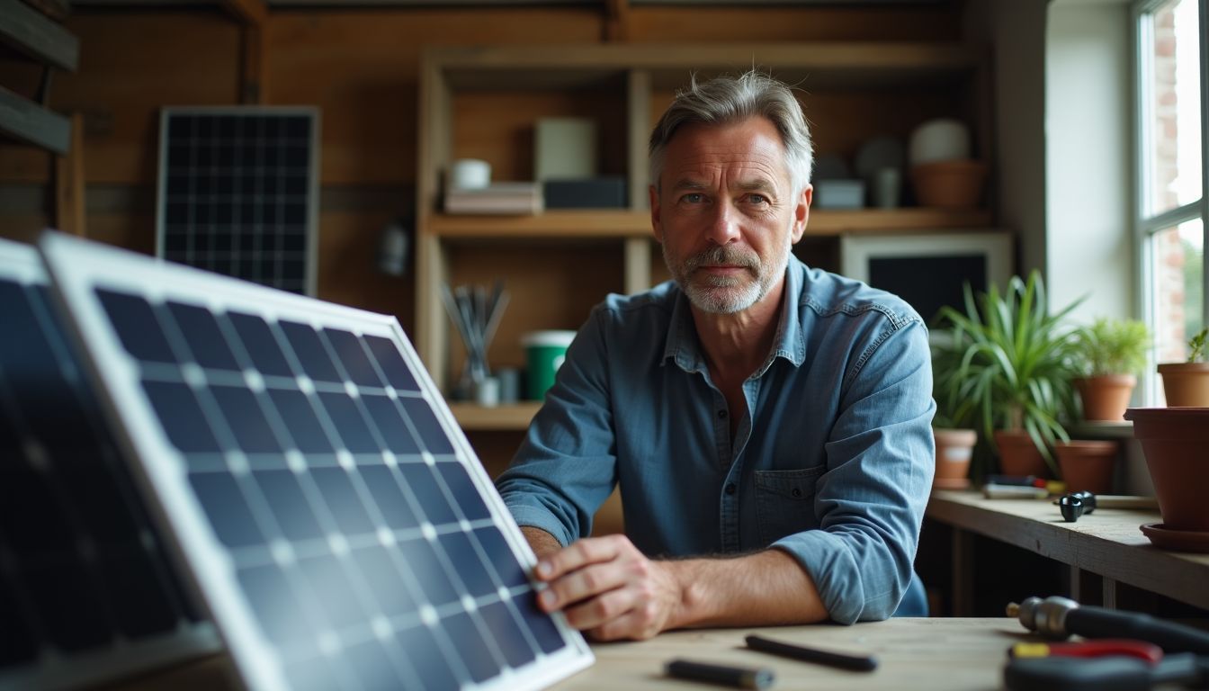 Un homme examine des panneaux solaires dans un atelier de bricolage.