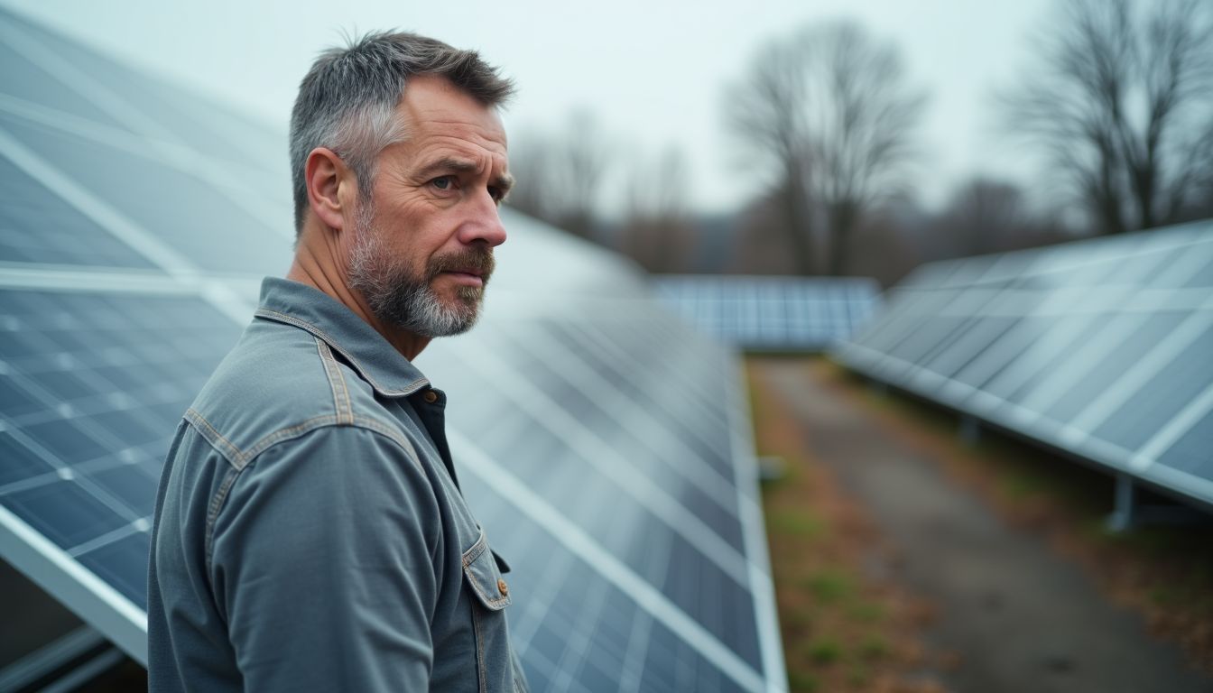 Un homme examine des panneaux solaires dans une installation de test en plein air.