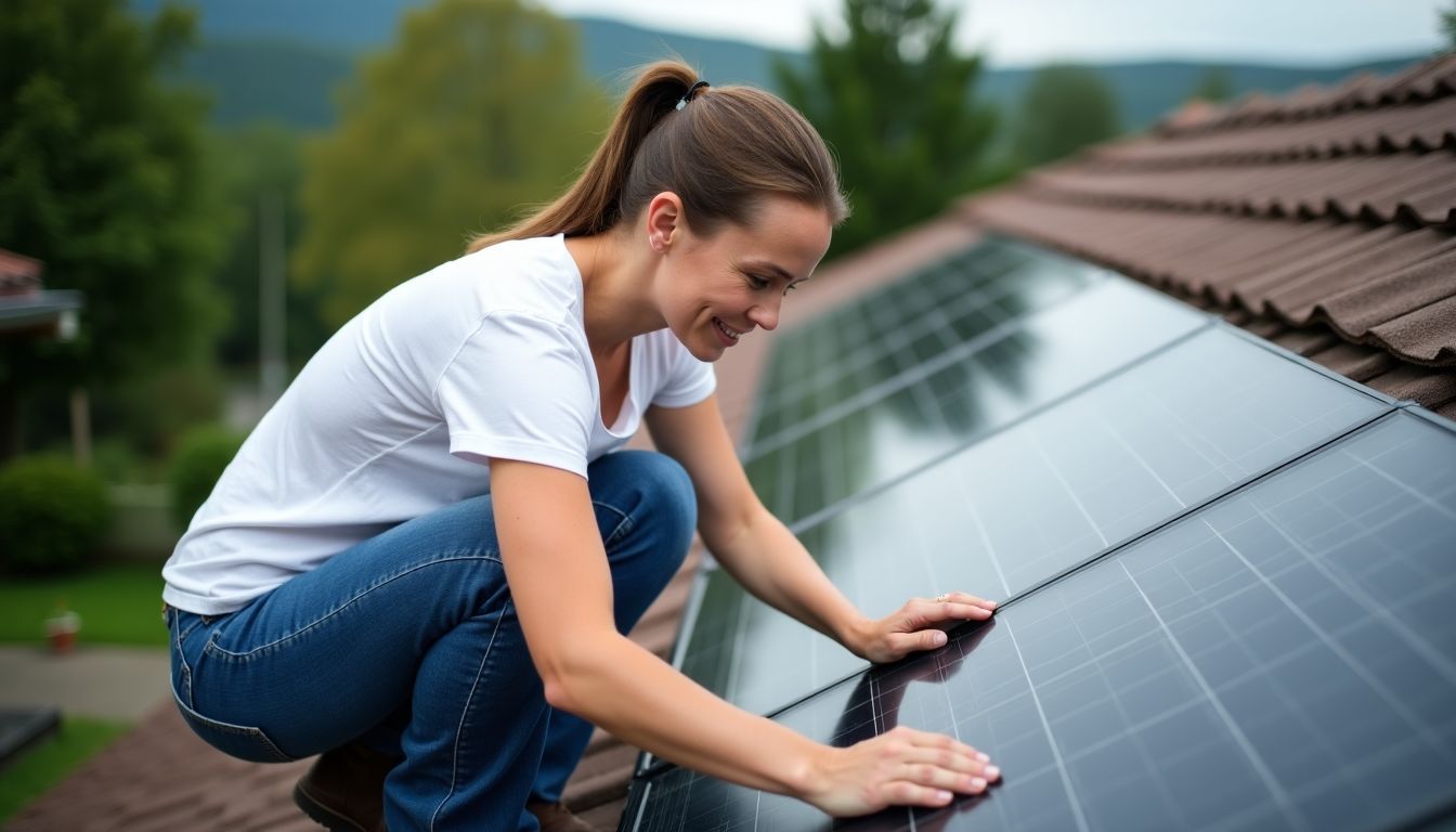 Une femme installe des tuiles solaires sur un toit de maison traditionnelle.