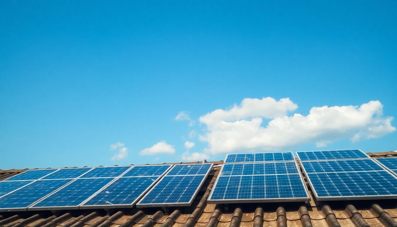 Des panneaux solaires usés sur un vieux toit sous un ciel bleu.