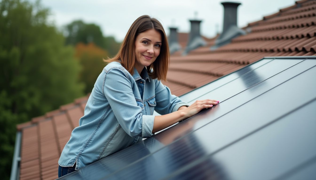 Une femme examine les panneaux solaires sur un toit en France.