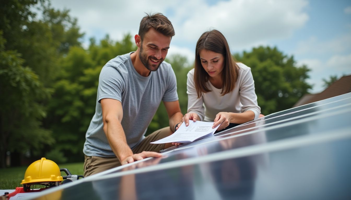 Une famille installe des panneaux solaires dans leur jardin.