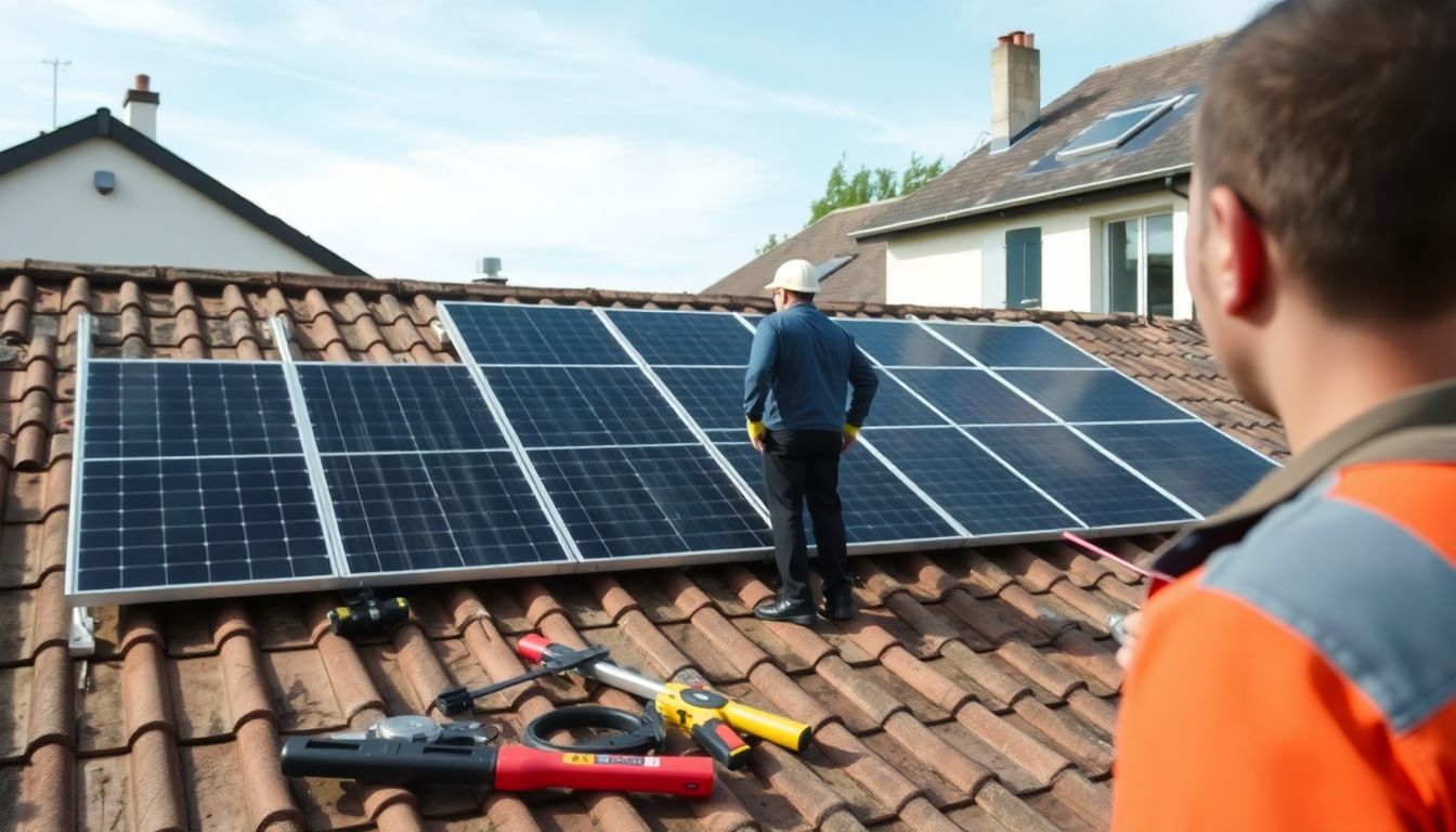 Installation de panneaux solaires sur un toit résidentiel en France.