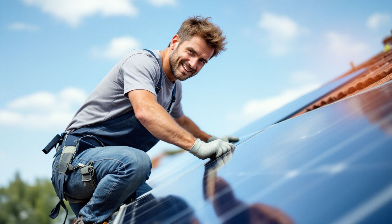 Un homme installe un panneau solaire sur un toit à la campagne française.