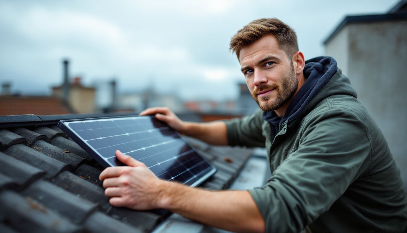 Un homme installe un petit panneau solaire sur une terrasse.