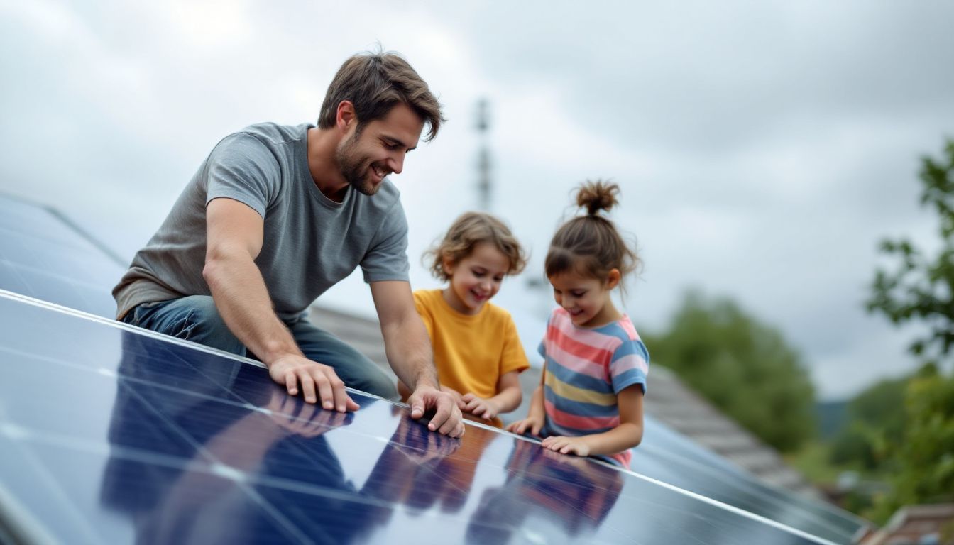 Une famille installe des panneaux solaires sur leur toit.