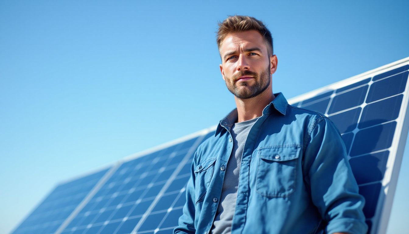 Un homme se tient près d'un panneau solaire moderne et efficace.