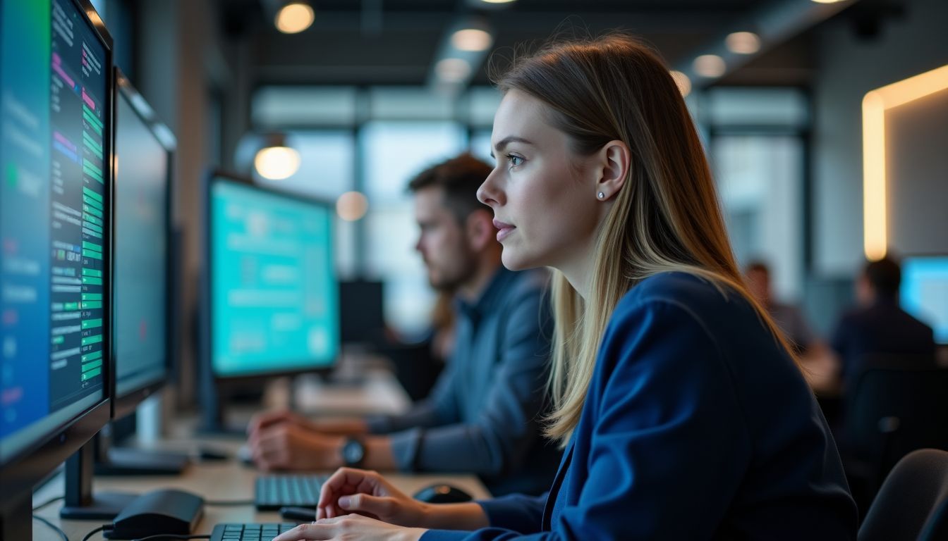 Un bureau moderne en France avec des employés travaillant ensemble.