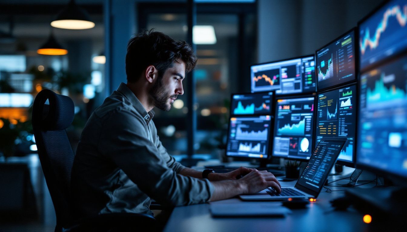 Une personne travaille sur un ordinateur dans un bureau moderne.