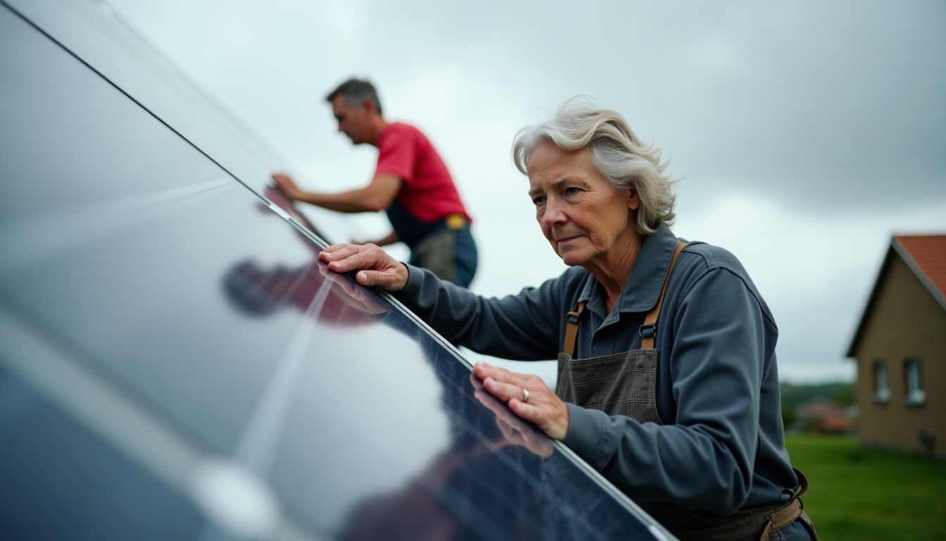 Une femme installe des panneaux solaires polycristallins sous un ciel nuageux, tandis qu'un homme en installe également dans une région ensoleillée.