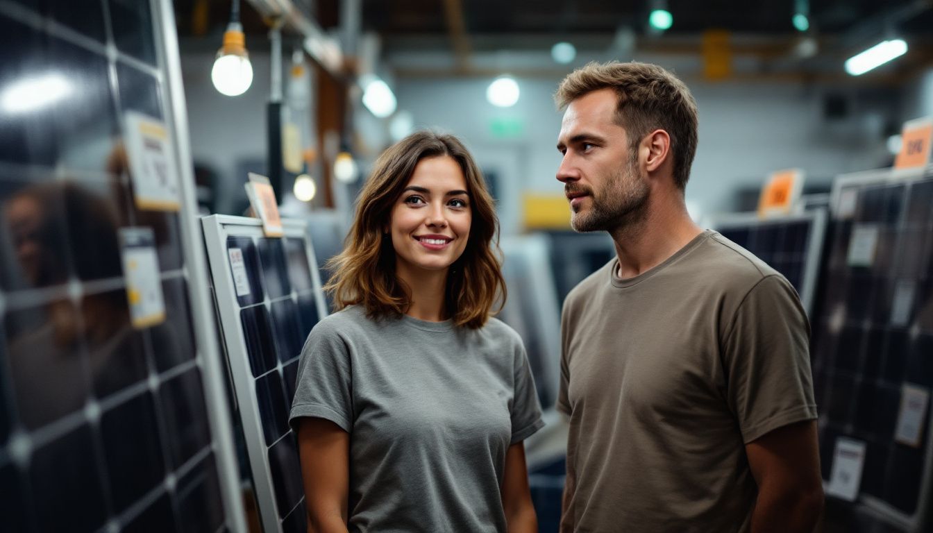 Un homme et une femme regardent les panneaux solaires en magasin.