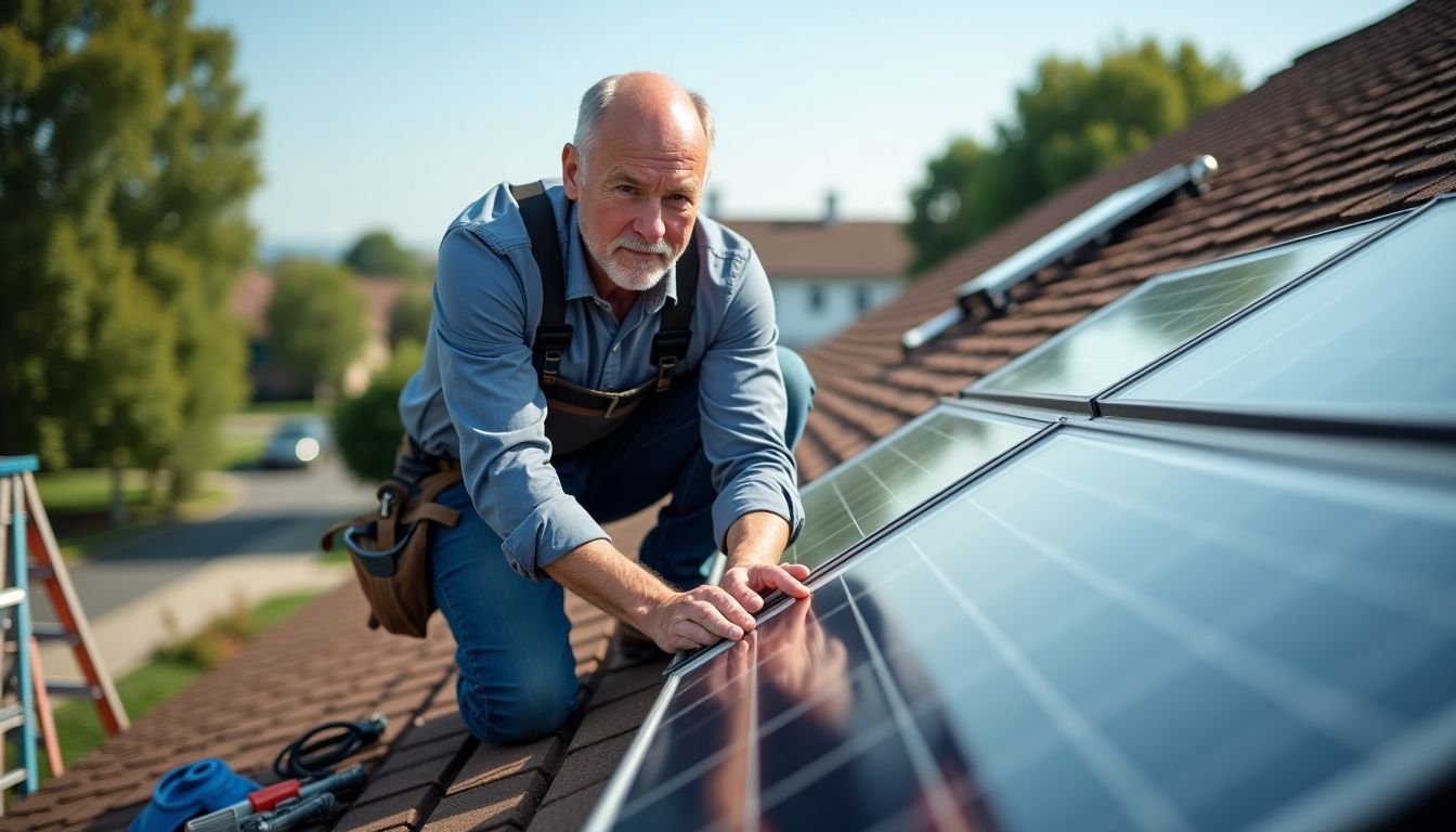 Un homme installe des panneaux solaires sur un toit résidentiel.