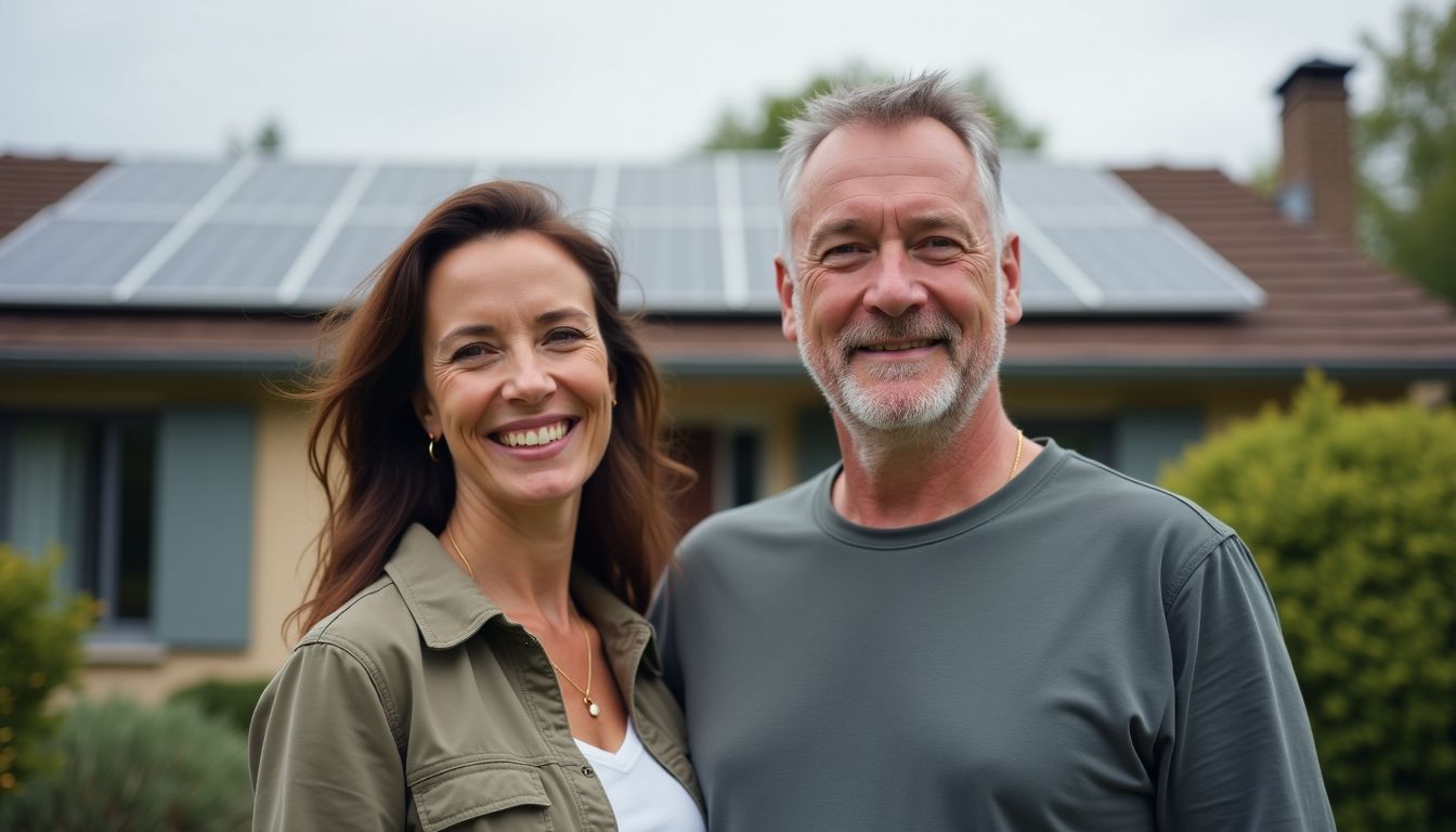 Un couple souriant pose devant leur maison avec des panneaux solaires.