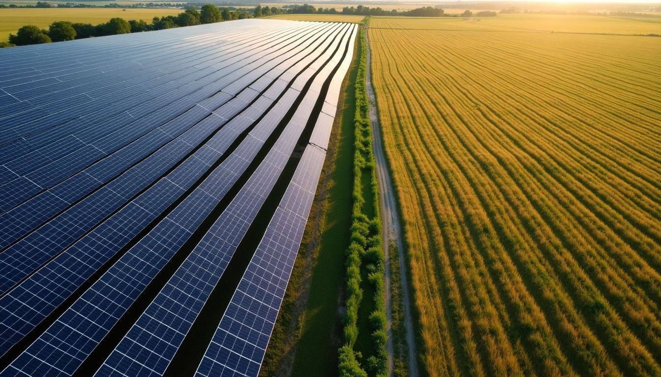 Vue aérienne d'un champ de panneaux solaires en France.