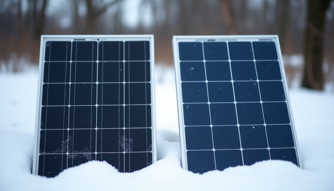 A side-by-side comparison of monocrystalline and polycrystalline solar panels in snowy landscape.