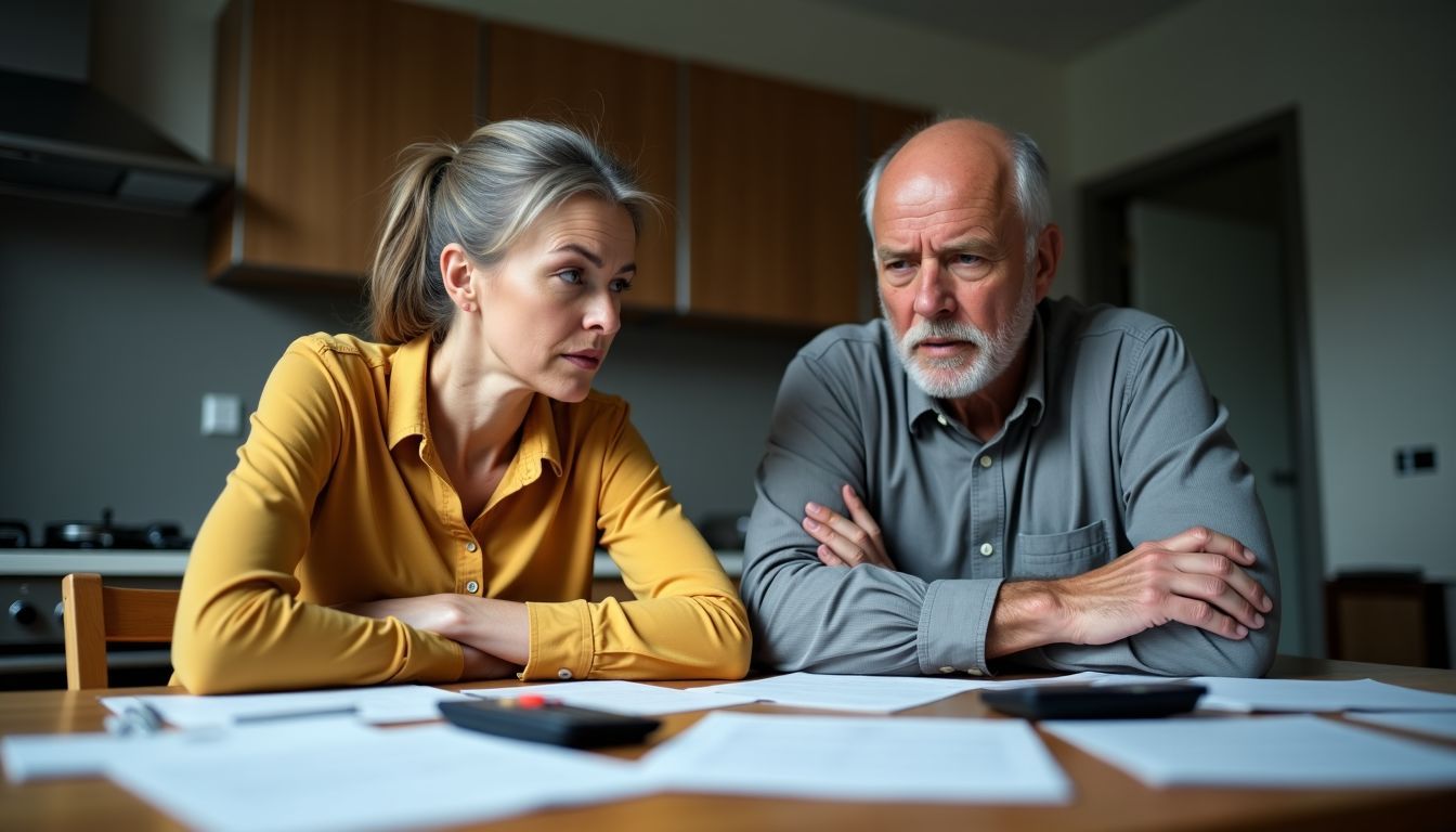 Un couple âgé discute des tarifs de rachat d'électricité solaire avec préoccupation.