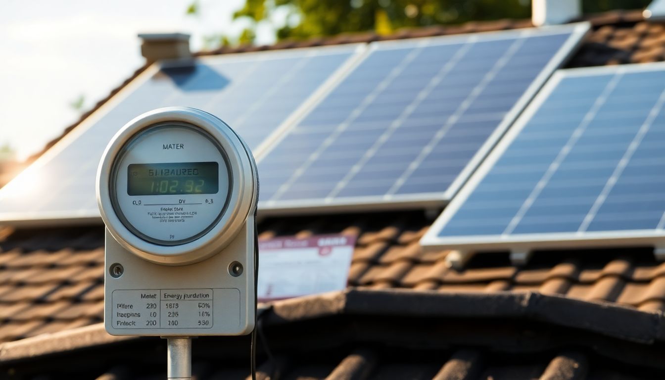 Des panneaux solaires sur un toit résidentiel avec un compteur d'énergie.