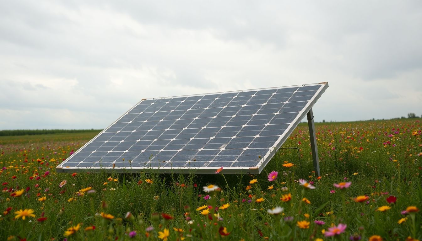 Un vieux panneau solaire entouré de fleurs sauvages colorées sous un ciel nuageux.