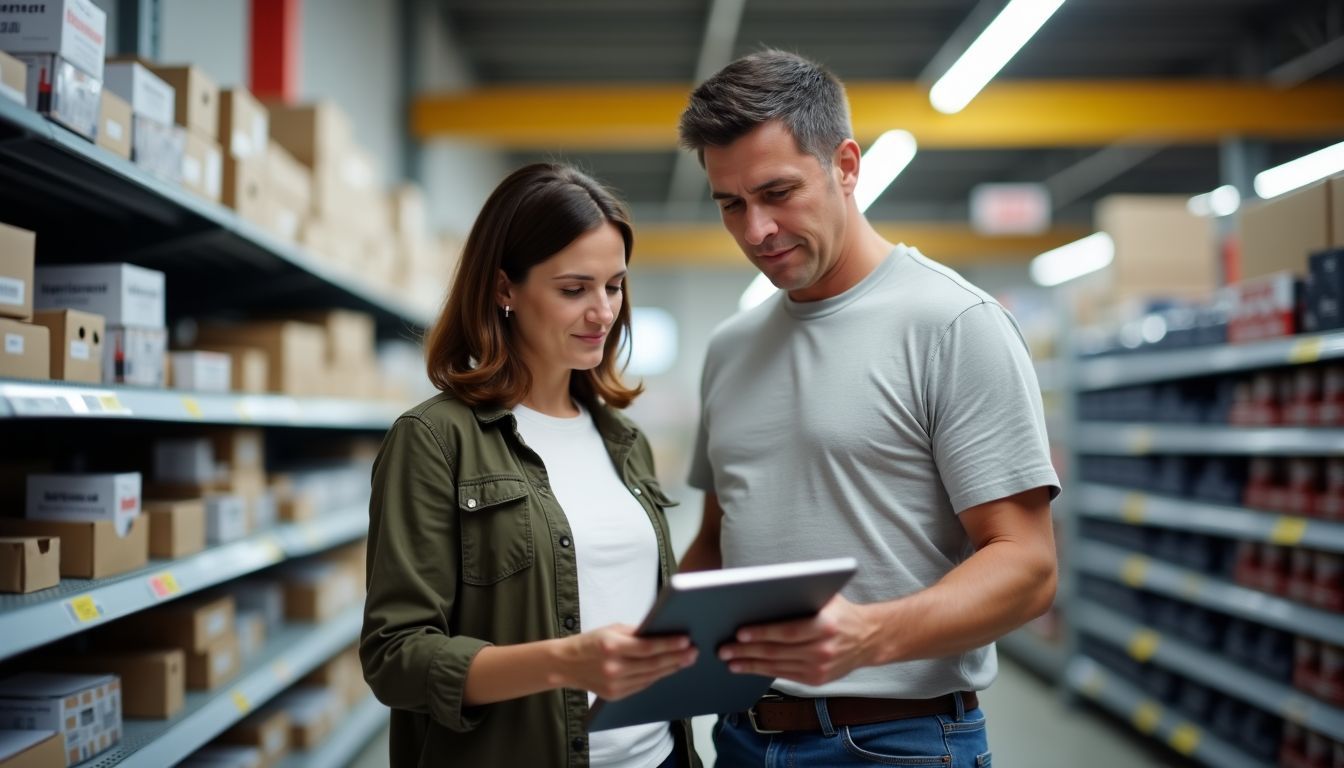 Un couple examine les prix des panneaux solaires dans un magasin de bricolage.