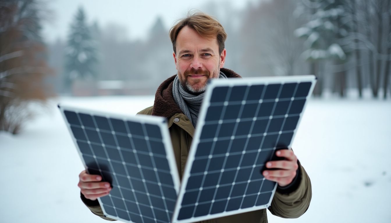 A man compares two solar panels in a snowy landscape.