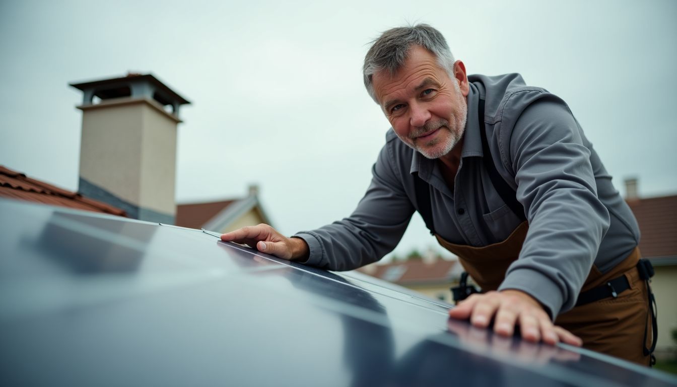 Un homme installe des panneaux solaires sur un petit toit.