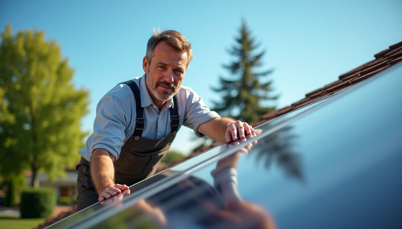 Un homme installe des panneaux solaires sur le toit d'une maison européenne.