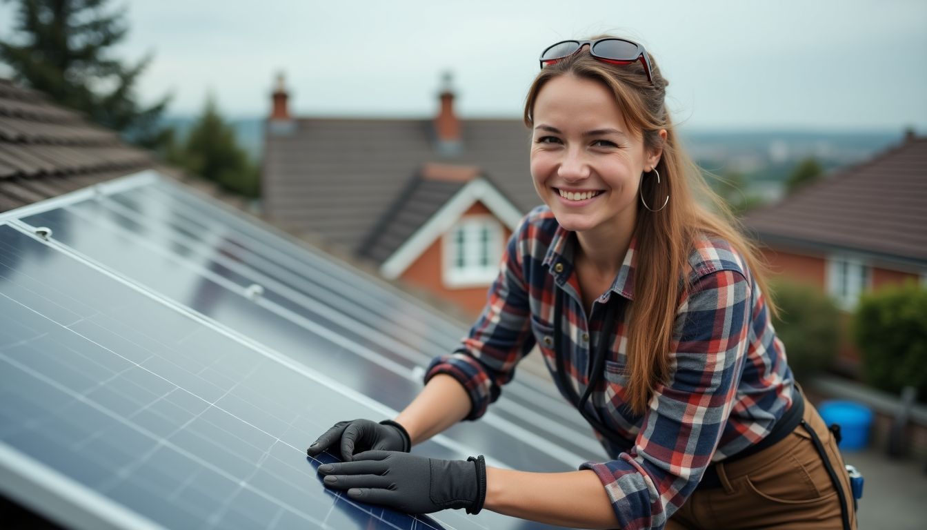 Une femme installe des panneaux solaires sur un toit résidentiel.