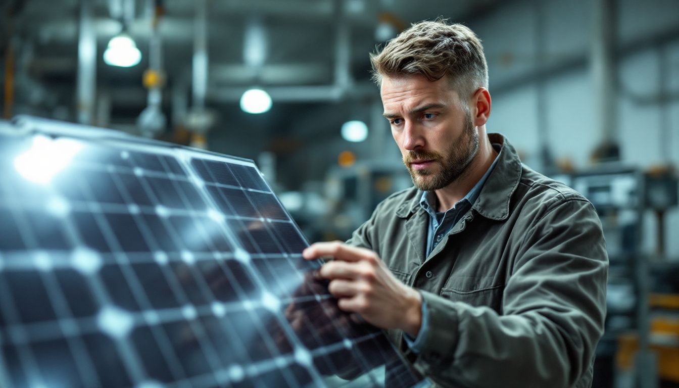 Un homme examine un panneau solaire monocristallin dans un atelier technique.