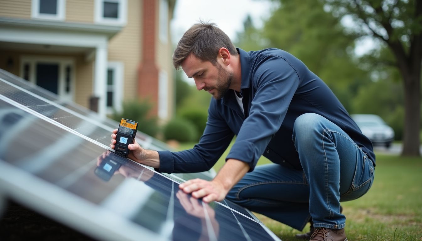 Un technicien installe des panneaux solaires dans un quartier résidentiel.