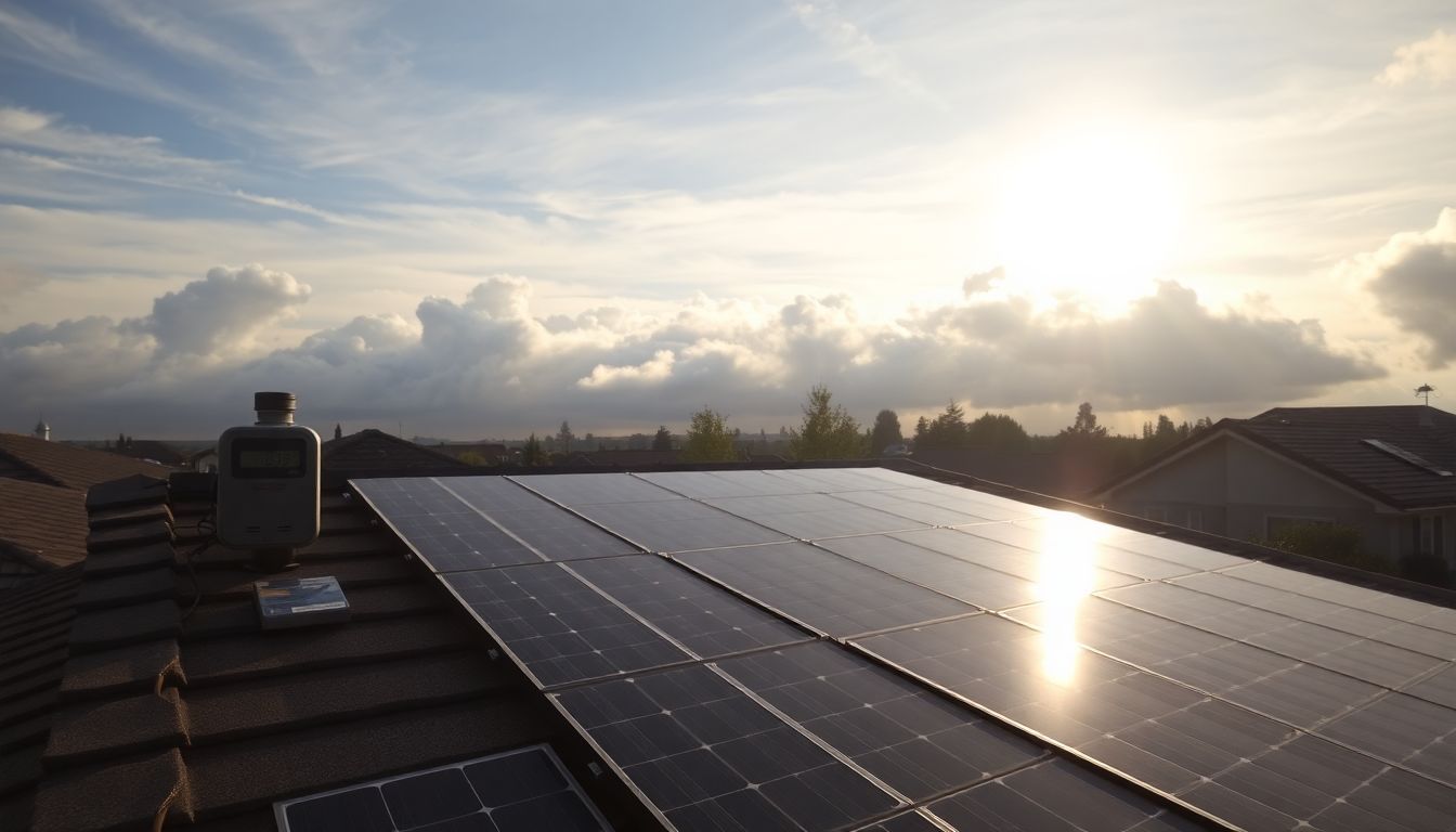 Des panneaux solaires sur un toit de banlieue avec un excédent de puissance solaire.