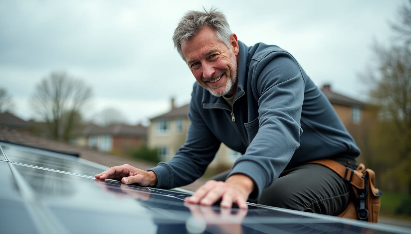 Un homme installe des panneaux solaires sur son toit.