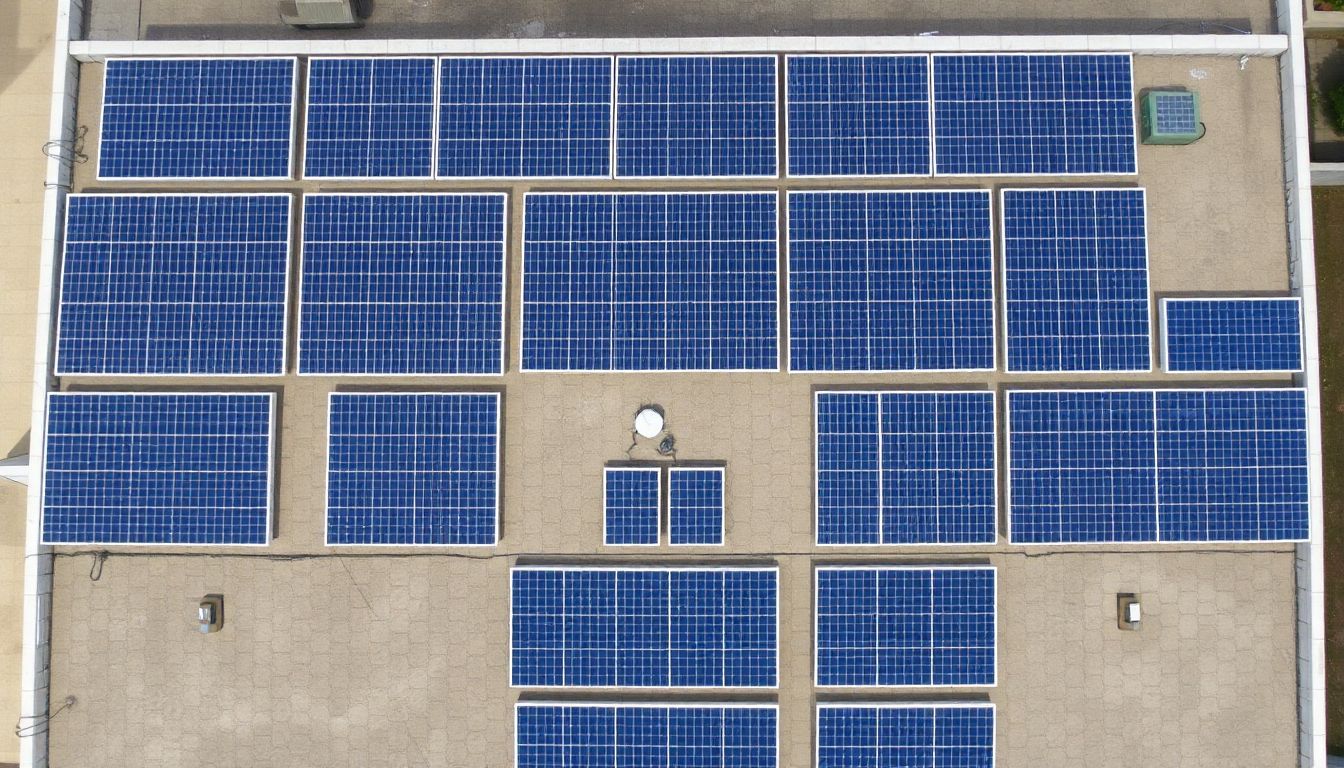 Photo aérienne des panneaux solaires sur un toit pour l'efficacité énergétique.