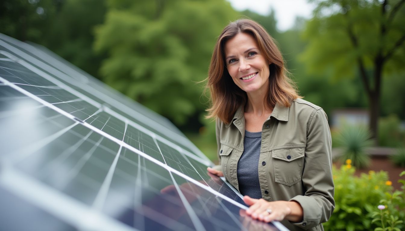 Une femme inspecte l'installation de panneaux solaires sur un toit.