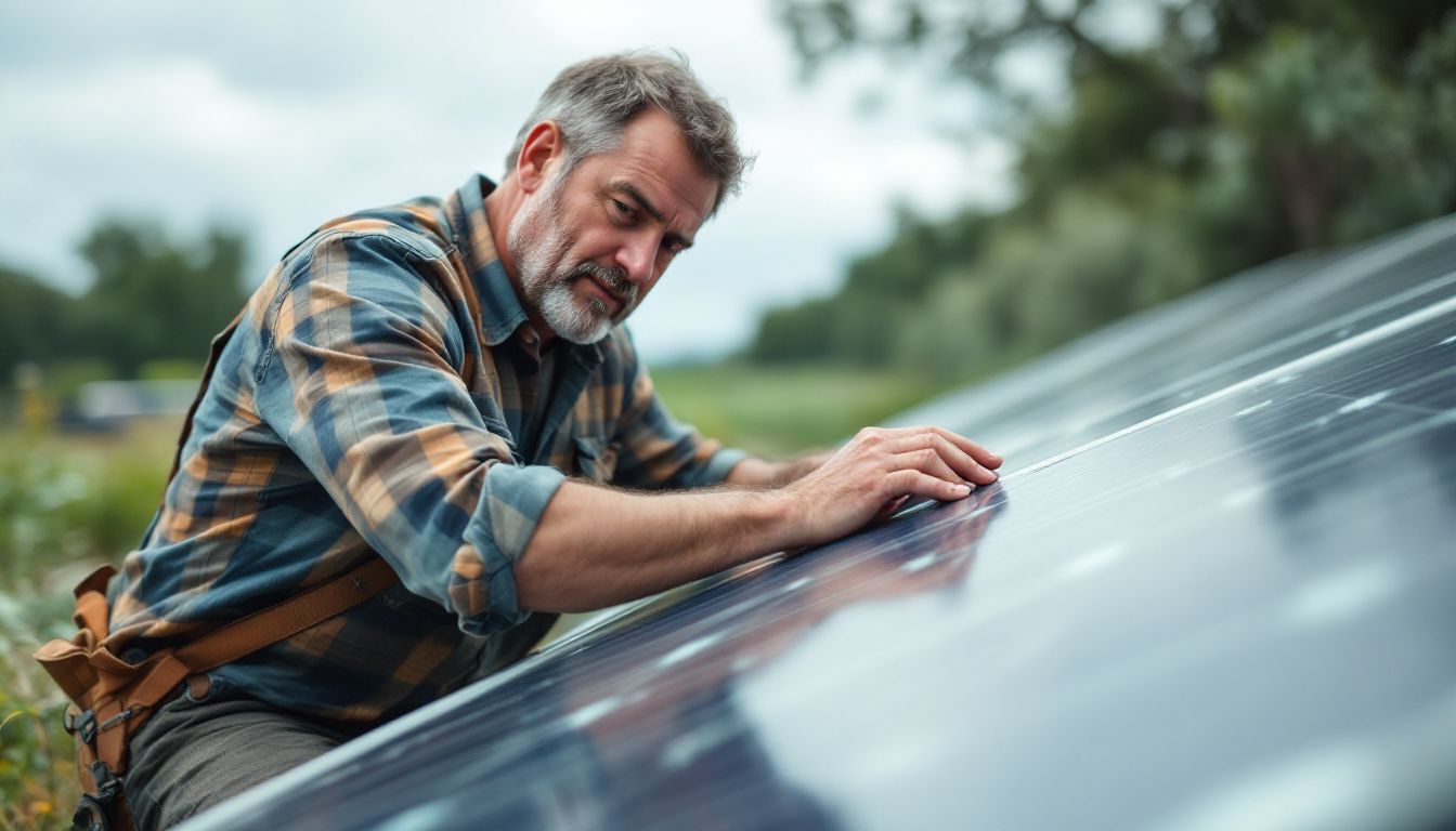 Un homme inspecte et ajuste un panneau solaire dans un champ.