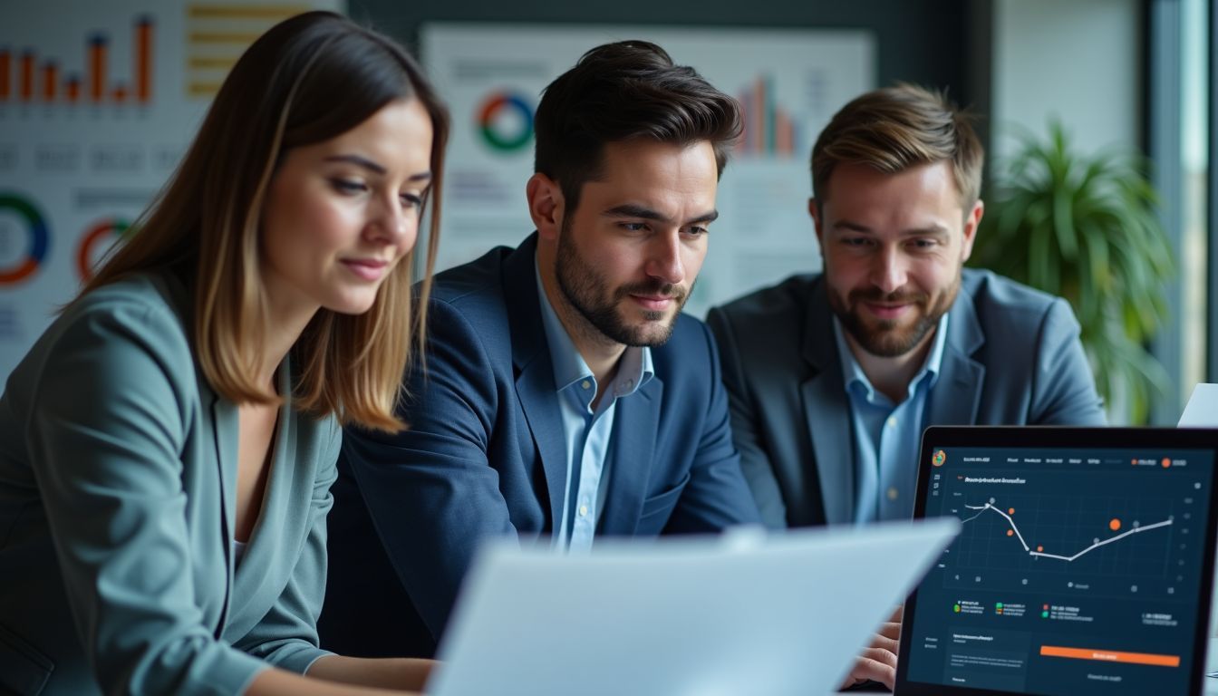 Professionnels travaillant sur un réseau blockchain dans un bureau moderne en France.