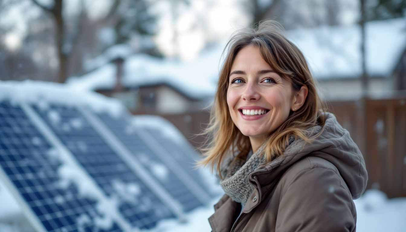 A woman in her 30s smiles in a snow-covered backyard with solar panels.