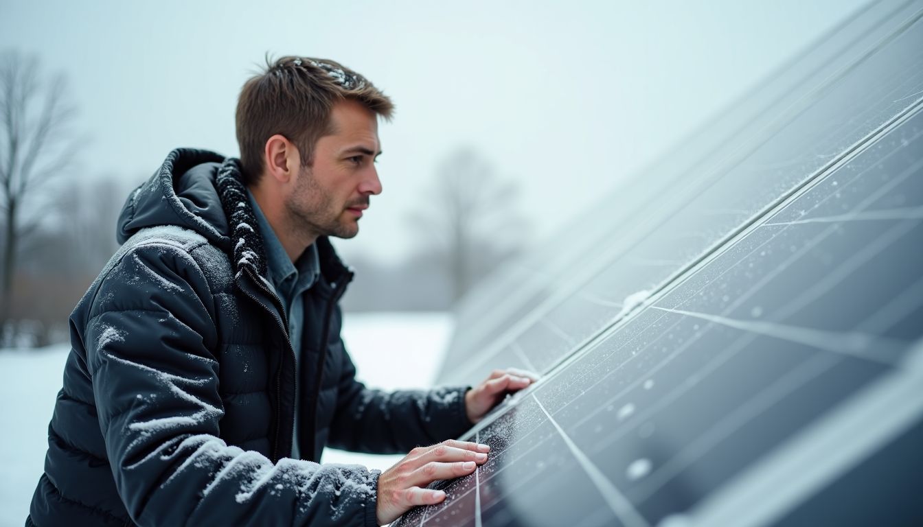 A man inspects snow-covered solar panels on a cloudy day.