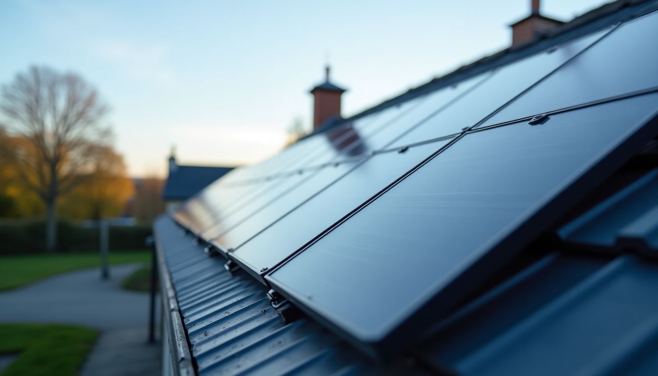 Panels solaires noirs sur un toit moderne en Bretagne.