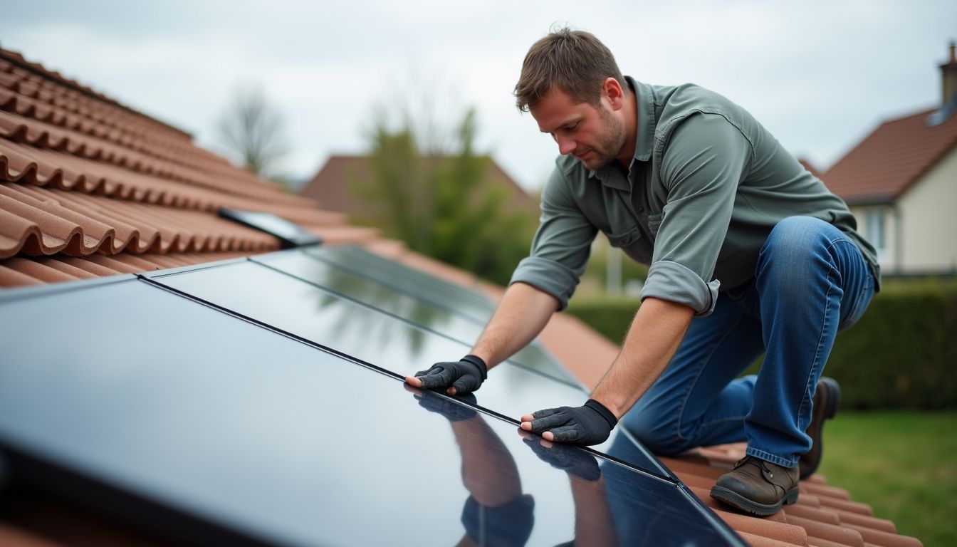 Un technicien installe des panneaux solaires sur un toit de tuiles en France.