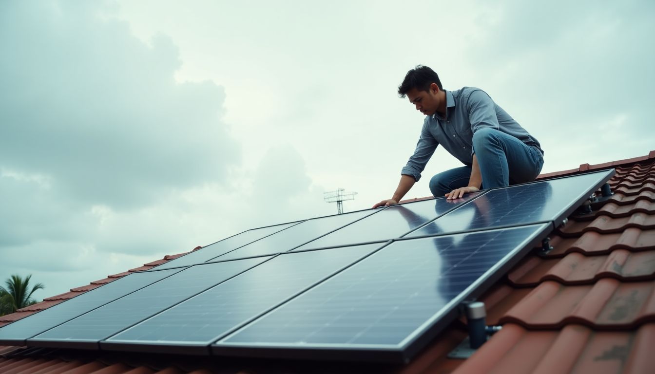 Un panneau solaire installé sur un toit sous un ciel nuageux.