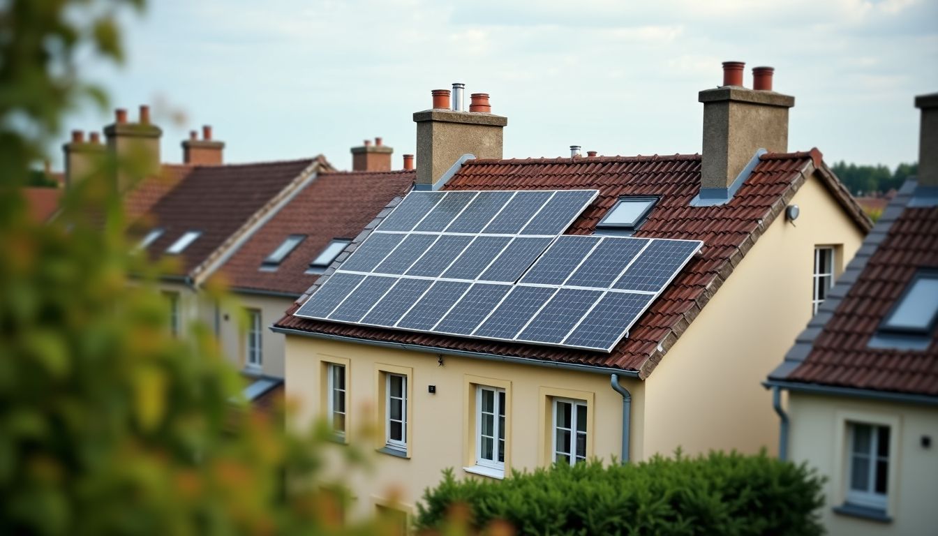 Une zone résidentielle en Bretagne avec des toits traditionnels et des panneaux solaires intégrés.