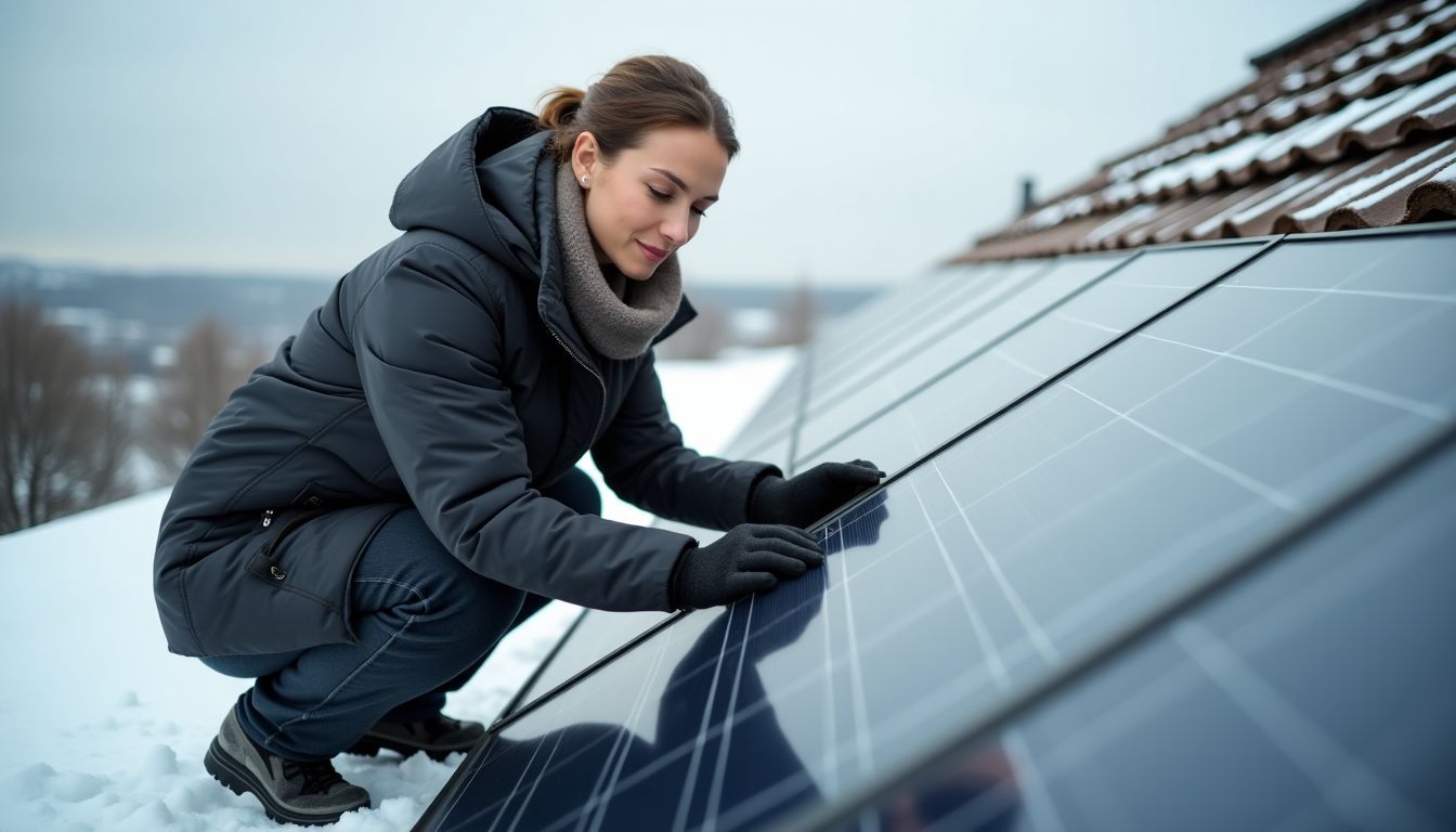 A woman in her 30s installing solar panels on a snowy rooftop.