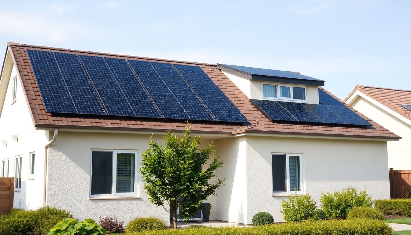 Une maison moderne avec des panneaux solaires sur le toit.