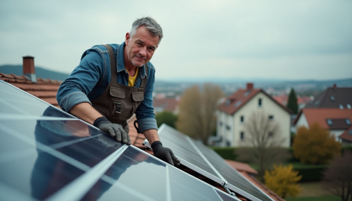 Un homme installe des panneaux solaires sur un toit de banlieue française.