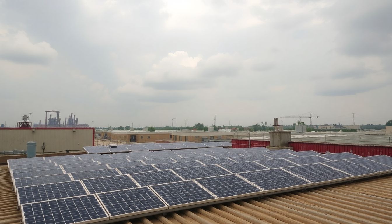 Une photo de panneaux solaires sur un toit avec des bâtiments industriels en arrière-plan.