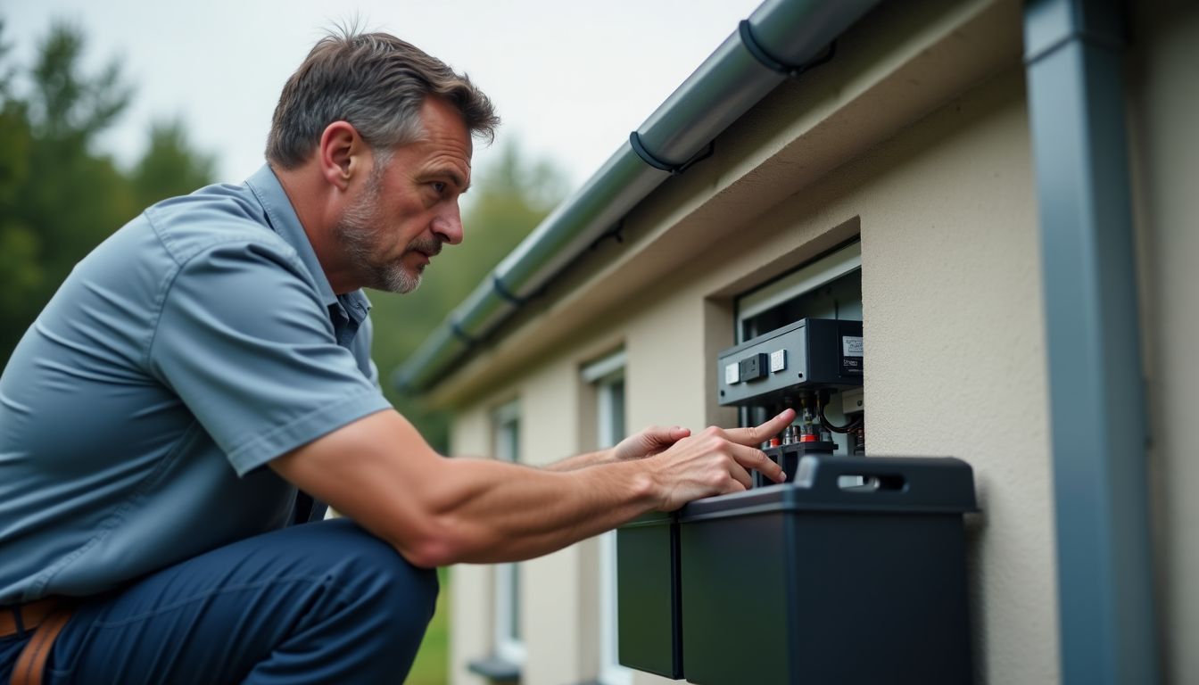 Un technicien inspecte un système solaire avec stockage de batterie résidentielle.