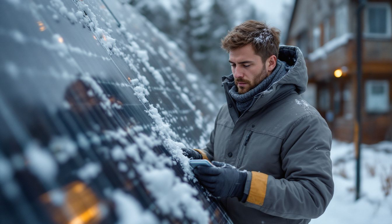 A technician measures energy production from solar panels in a snowy setting.