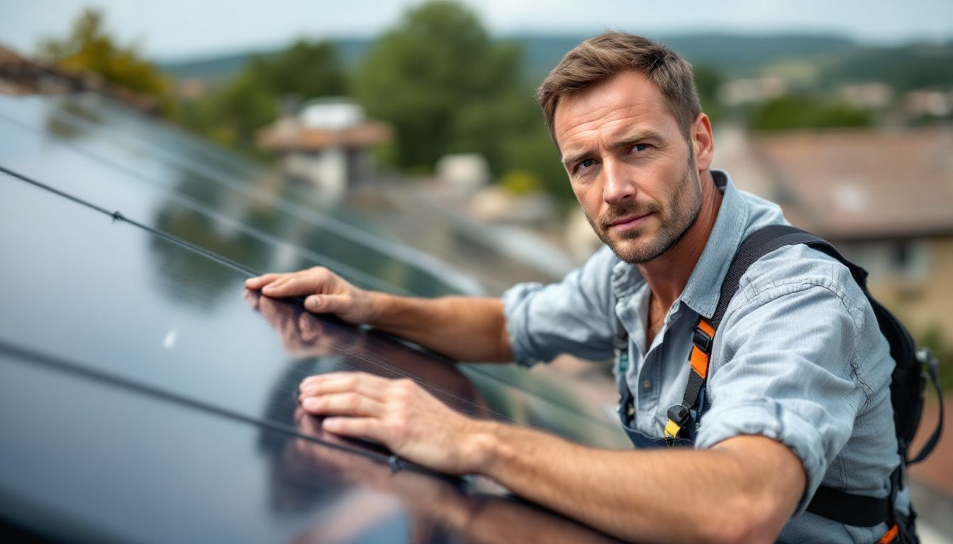 Un homme installe des panneaux solaires sur un toit en France.